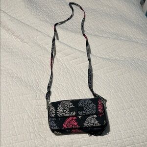 Black Floral Crossbody Bag with Pink and Gray Accents